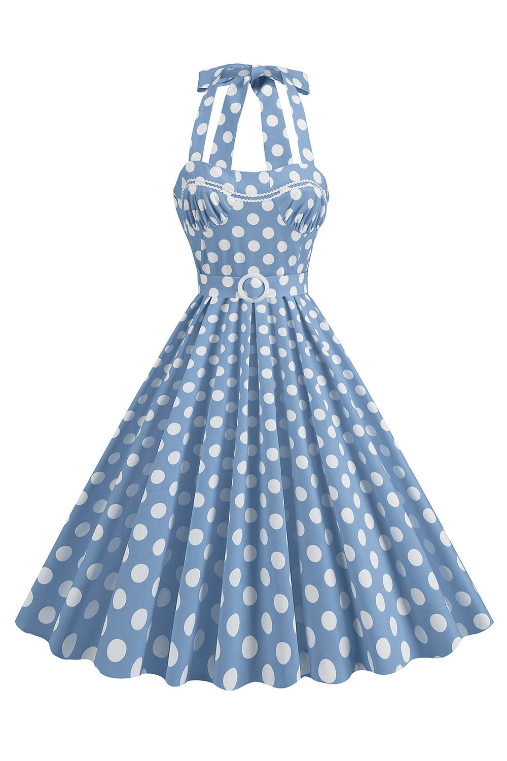 En linje blå polka prikker vintage 1950-tallskjole med belte