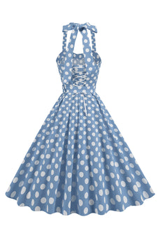 En linje blå polka prikker vintage 1950-tallskjole med belte