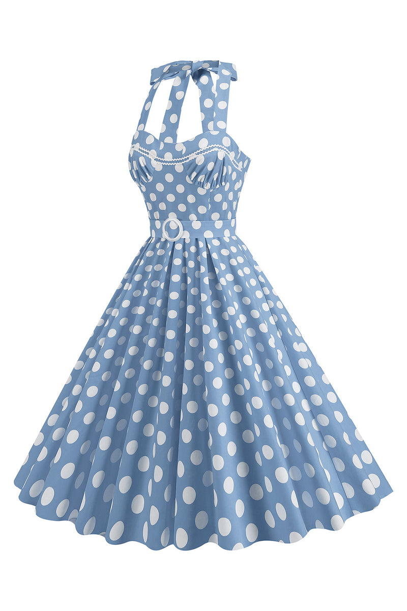 Load image into Gallery viewer, En linje blå polka prikker vintage 1950-tallskjole med belte