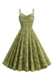 A Line Army Green Spaghetti stropper trykt Vintage 1950 kjole
