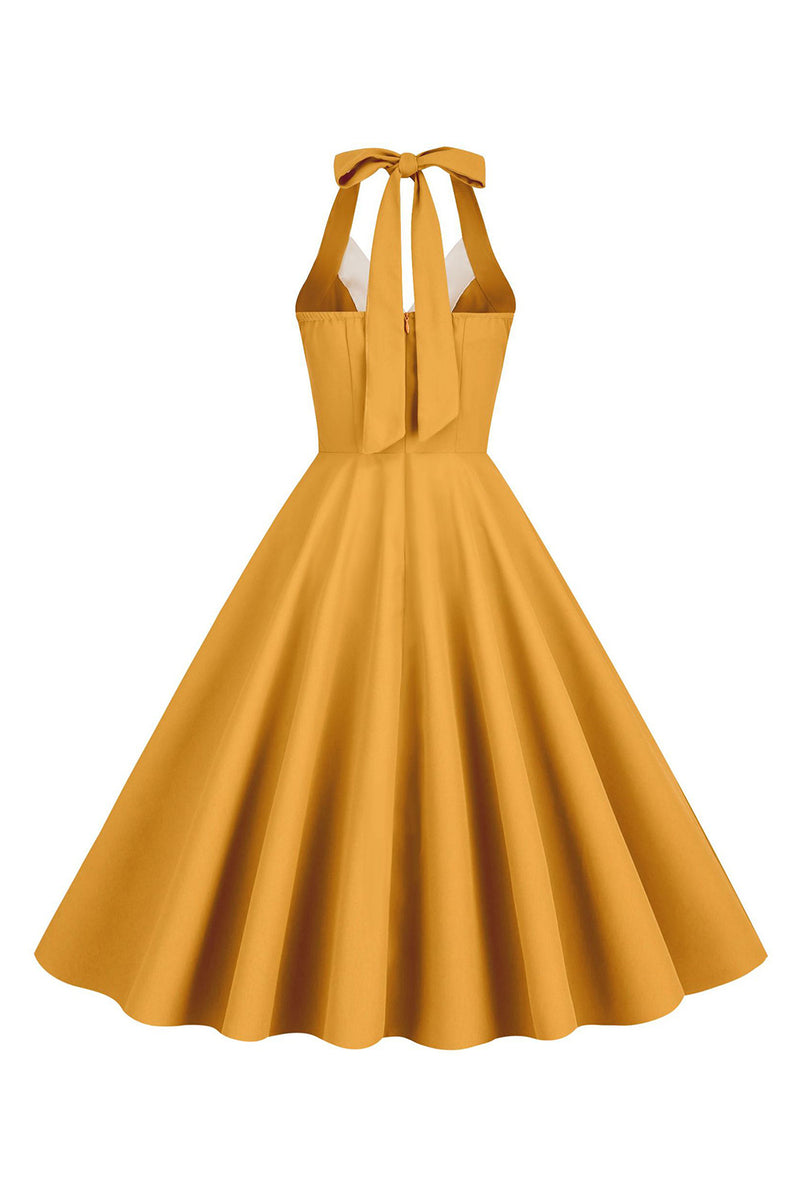 Load image into Gallery viewer, Halter Gul A-linje plissert vintage kjole