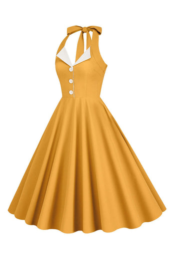 Halter Gul A-linje plissert vintage kjole