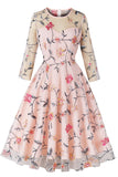 Blush A-Line Round Neck Flower Trykt 1950-tallet kjole med ermer