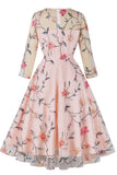 Blush A-Line Round Neck Flower Trykt 1950-tallet kjole med ermer