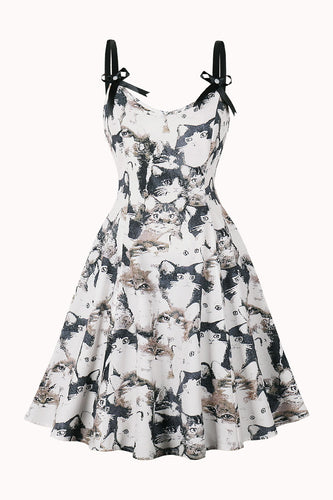 Svart A-Line Pin Up vintage kjole med kattemønster