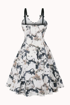 Svart A-Line Pin Up vintage kjole med kattemønster