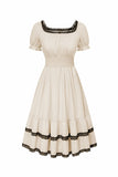 Aprikos A-Line Square Neck Vintage kjole med korte ermer