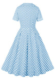 Blå jakkehals Polka Dots Vintage kjole med korte ermer