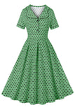 Grønn jakkehals Polka Dots Vintage kjole med korte ermer