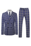 Royal Blue Plaid Peak Lapel Double Breasted 2 Piece herredress