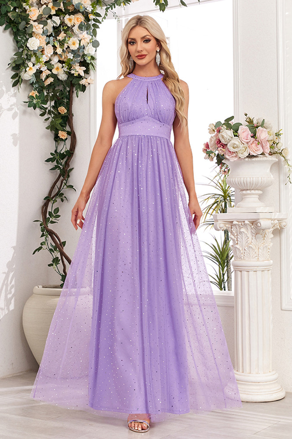 Sparkly Purple A Line Halter Long Prom Dress
