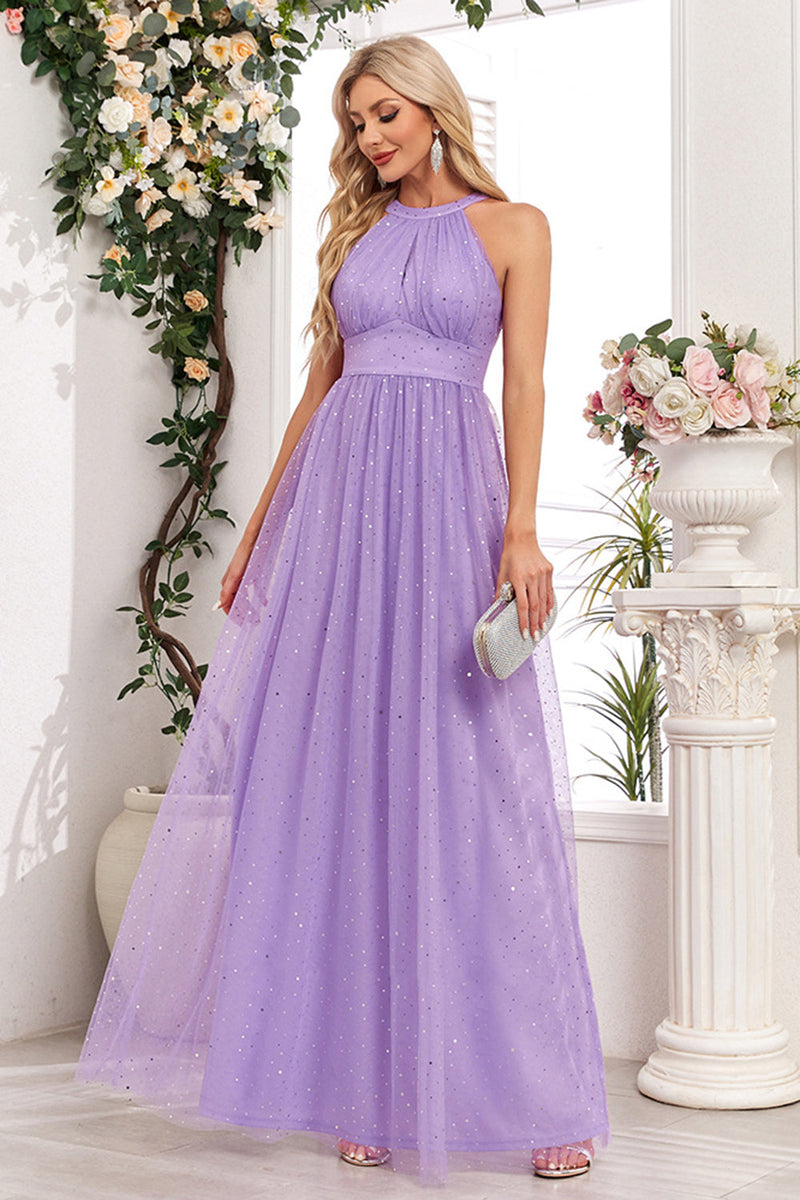 Load image into Gallery viewer, Sparkly Purple A Line Halter Long Prom Dress