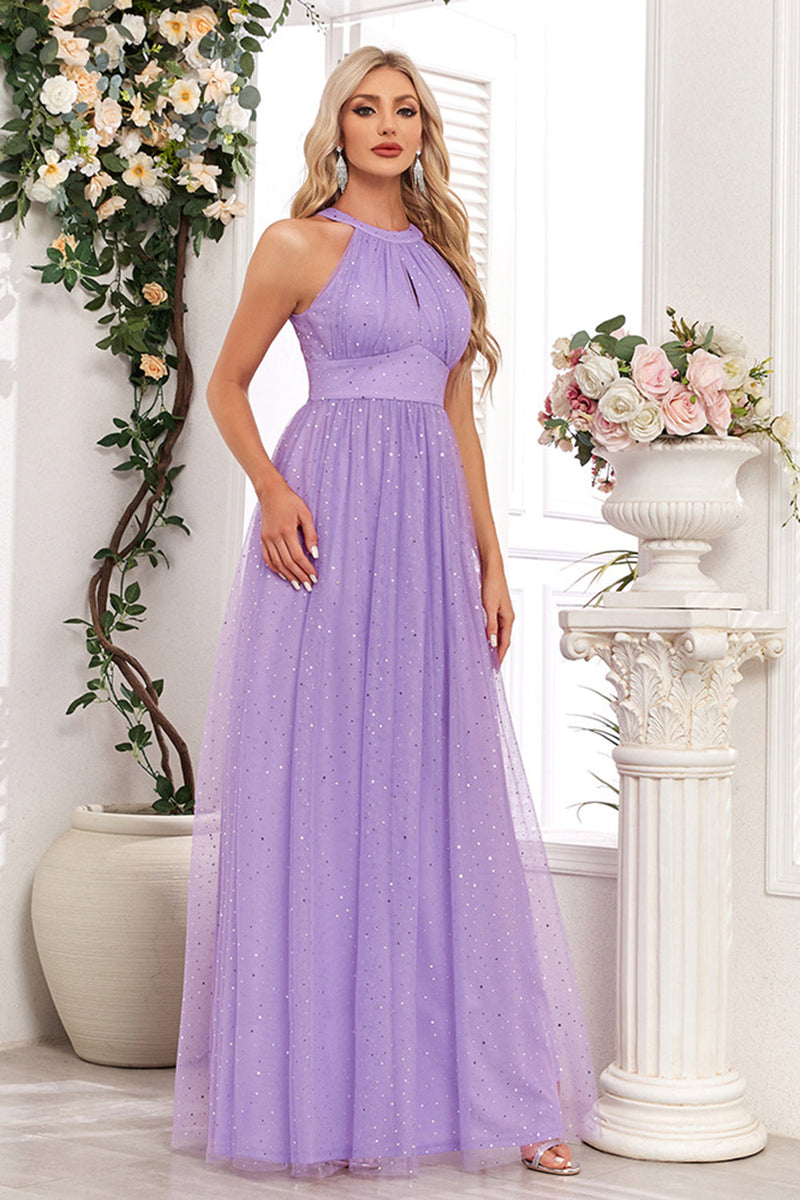 Load image into Gallery viewer, Sparkly Purple A Line Halter Long Prom Dress