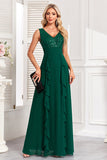 Sparkly Dark Green A Line paljetter Long Prom Kjole med Ruffles