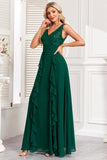 Sparkly Dark Green A Line paljetter Long Prom Kjole med Ruffles