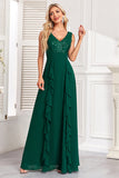 Sparkly Dark Green A Line paljetter Long Prom Kjole med Ruffles