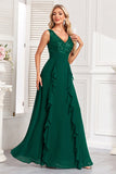 Sparkly Dark Green A Line paljetter Long Prom Kjole med Ruffles