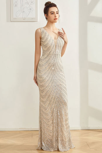 Sparkly Silver Mermaid V Neck Long Prom Dress