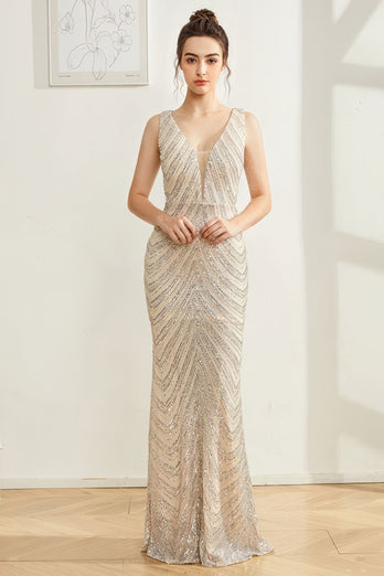 Sparkly Silver Mermaid V Neck Long Prom Dress