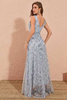 Sliver Grey A Line Floral Embroidery Long Prom Dress med Slit