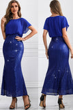 Sparkly Royal Blue Long Batwing ermer Mermaid Prom Dress