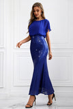 Sparkly Royal Blue Long Batwing ermer Mermaid Prom Dress