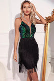 Sparkly Green Black Fringed Sequins Kort cocktailkjole