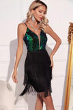 Sparkly Green Black Fringed Sequins Kort cocktailkjole