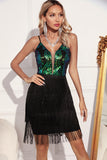 Sparkly Green Black Fringed Sequins Kort cocktailkjole