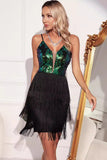 Sparkly Green Black Fringed Sequins Kort cocktailkjole