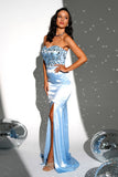 Sparkly Blue Strapless Mermaid Long Prom Dress med Slit