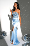 Sparkly Blue Strapless Mermaid Long Prom Dress med Slit