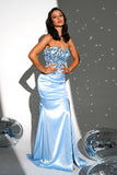 Sparkly Blue Strapless Mermaid Long Prom Dress med Slit