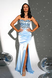 Sparkly Blue Strapless Mermaid Long Prom Dress med Slit