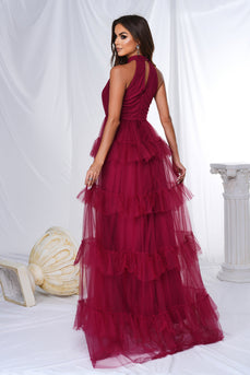 Burgund Halter Tiered Tulle A Line Long Prom Dress