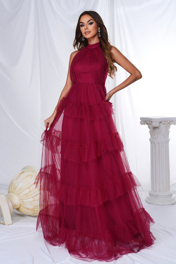 Burgund Halter Tiered Tulle A Line Long Prom Dress