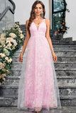 Sparkly Pink A Line V-Neck Prom Dress