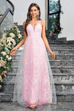 Sparkly Pink A Line V-Neck Prom Dress