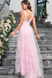 Sparkly Pink A Line V-Neck Prom Dress