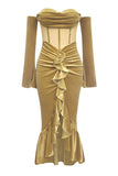 Khaki Bodycon Sweetheart Velvet Korsett Ruffled Prom kjole med lange ermer