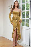 Khaki Bodycon Sweetheart Velvet Korsett Ruffled Prom kjole med lange ermer