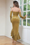 Khaki Bodycon Sweetheart Velvet Korsett Ruffled Prom kjole med lange ermer