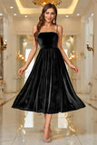 Black Velvet A Line Spaghetti stropper Tea Lengde Prom Dress