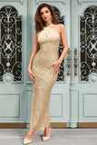 Sparkly Apricot Mermaid Halter paljetter Lang formell kjole med spalte