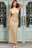 Sparkly Apricot Mermaid Halter paljetter Lang formell kjole med spalte