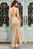 Sparkly Apricot Mermaid Halter paljetter Lang formell kjole med spalte