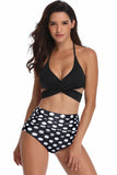 Svart og hvitt Polka Dots Halter Criss Cross Two Pieces Bikini Badedrakt