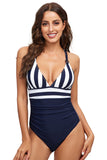 Navy Strip High Waist Magen Control One-Piece Badedrakt