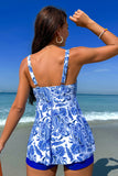 Sommer Beach Blå V Neck Print Vest Style Tankini badedrakt