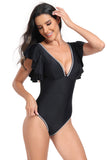 Svart Deep V-Neck One-Piece Tummy Control badedrakt med Ruffle Sleeve